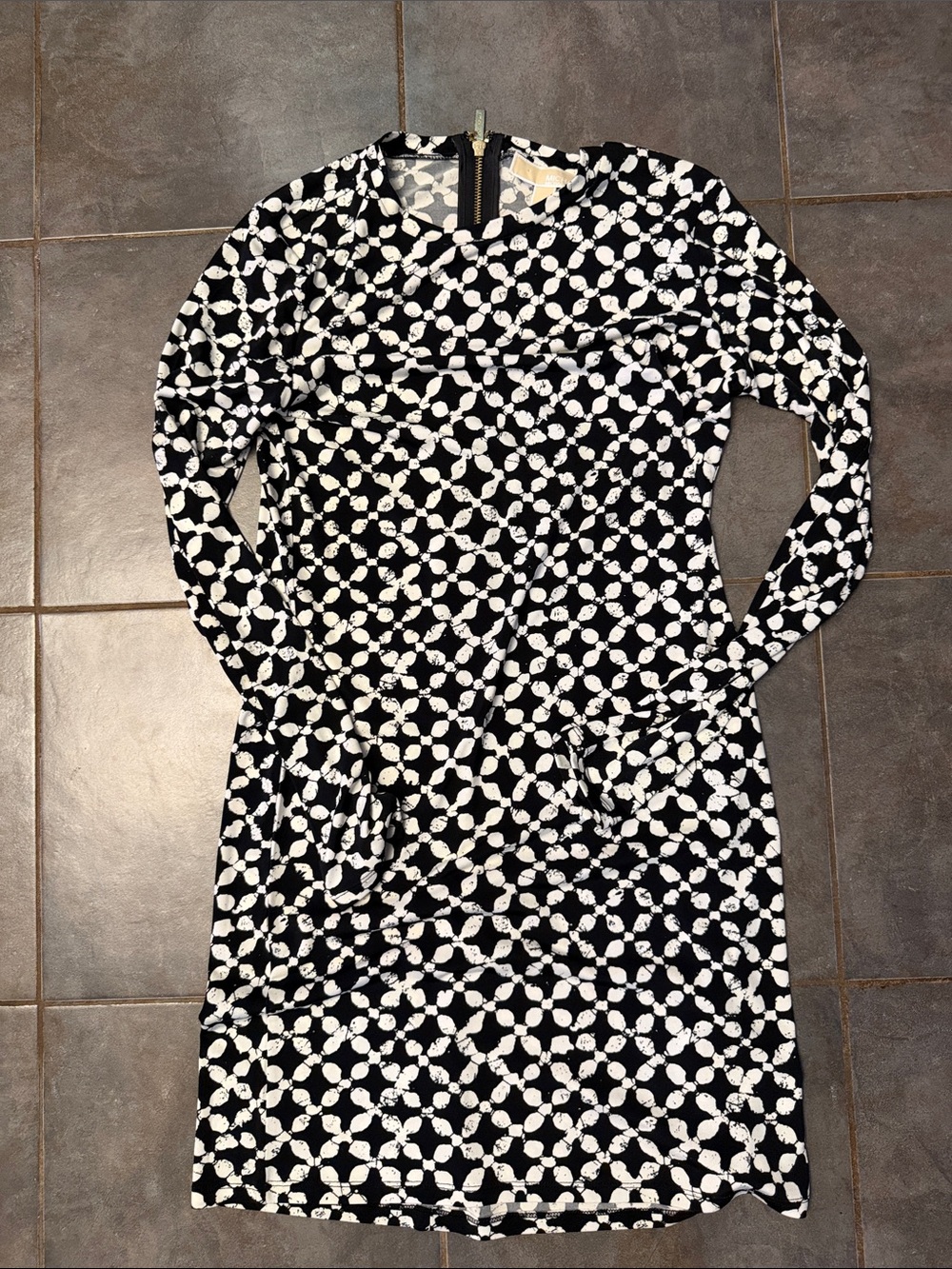 Michael Kors Black and White Long Sleeve Floral-Pattern Dress